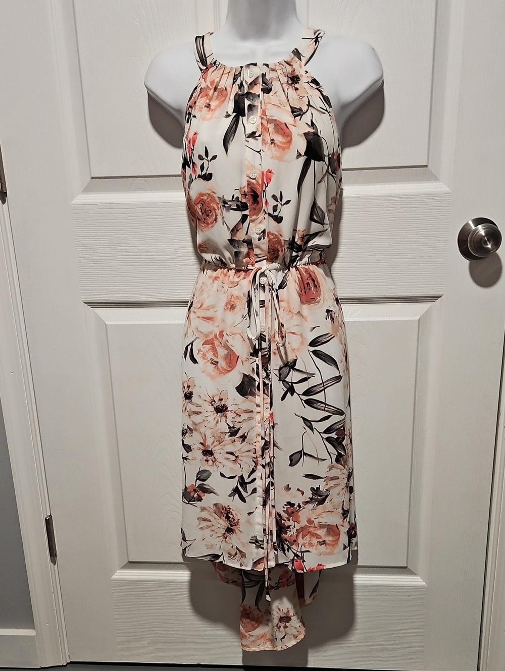 New York & Company Cream Halter Floral High-Low Dress with Peach Accents